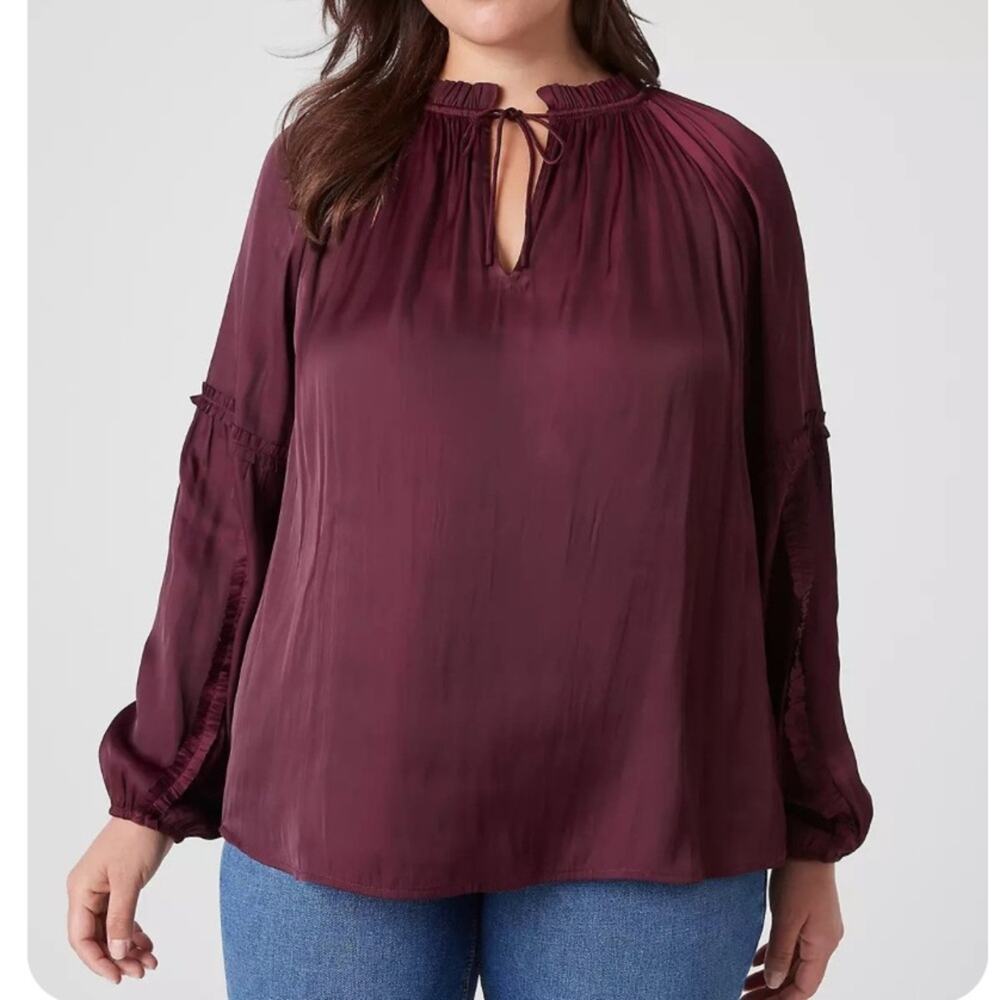 Lane Bryant Maroon Dark Red Long Sleeve Ruffle Split Neck Top‎ Sz 26/28